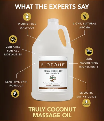 Vista 4 de BIOTONE Aceite de masaje de coco verdaderamente con aceite de coco orgánico, elimina la tensión y promueve la relajación profunda, ligero, versátil