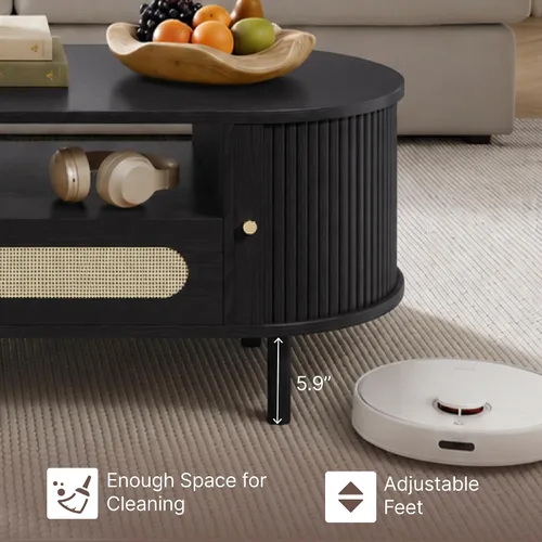 Vista 4 de KISLOT Mesa auxiliar ovalada con cajón, mesa central acanalada de 47.2 pulgadas para sala de estar, mesas de centro modernas con puerta corredera