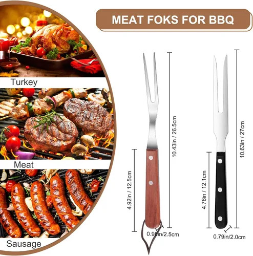 Vista 2 de 2 tenedores de carne de acero inoxidable con mango de madera para cocinar, barbacoa, parrilla, herramienta de carne para cocina, barbacoa, servir
