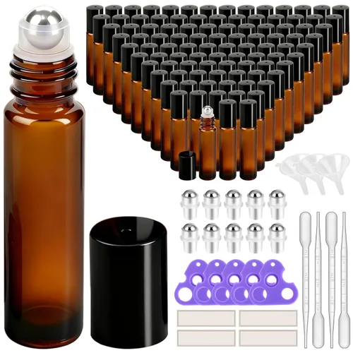 Vista 21 de PrettyCare 6 piezas, botellas roll-on de 10 ml para aceites esenciales con bola de rodillo de acero inoxidable - Botellas rellenables a prueba