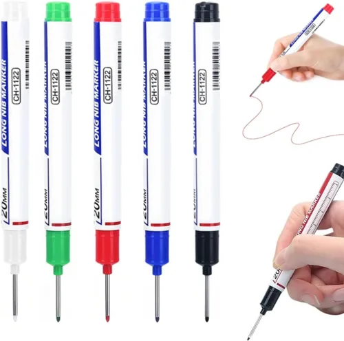 Vista 9 de 5 Pack Long Head Deep Hole Marker Pens, 2026 New 20mm Deep Reach Waterproof Construction Marking Tool, Carpenter Ink Marker Pens Metal Marking Pen