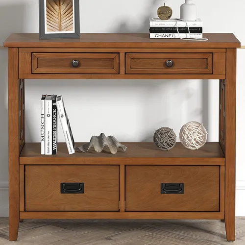 Vista 8 de Mesa consola de 36 pulgadas con 4 cajones y 1 estante de almacenamiento, mesa de madera de pino para entrada, sala de estar, dormitorio, pasillo
