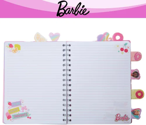 Vista 6 de Cuaderno de pestañas Barbie con espiral, lápiz boli, pestañas adhesivas, 96 páginas a rayas, rosa