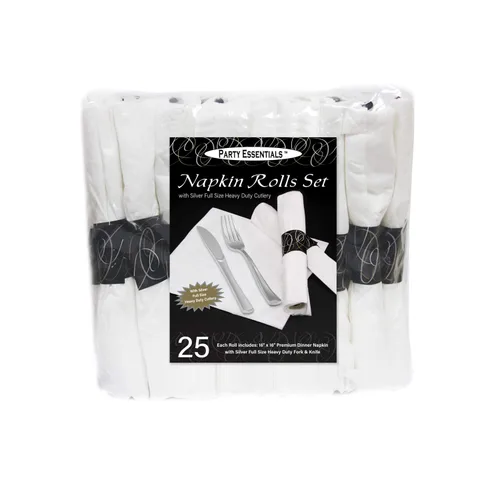 Vista 3 de Party Essentials N501625 Servilletas preenrolladas con juego de cubiertos desechables de plata resistente, 300 rollos