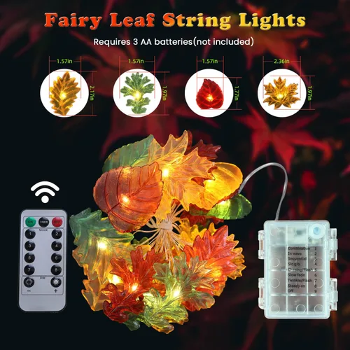 Vista 4 de Guirnalda de luces decorativas de hojas de hadas para decoración de Acción de Gracias, guirnalda de otoño, 30 luces LED de 10 pies, funciona