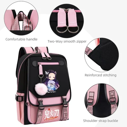 Vista 4 de Mochila de anime para niñas con puerto de carga USB 20L, mochila escolar para adolescentes, mochila grande para computadora portátil para viajes uso