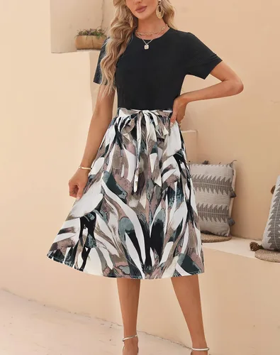 Vista 3 de Zattcas - Vestido por debajo de la rodilla acanalado de manga corta para mujer, modesto vestido de trabajo casual con bolsillos