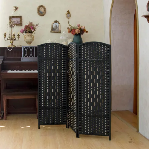 Vista 4 de Divisor de habitación corto compacto de 3 paneles, pantalla plegable de ratán de doble cara de 47.2 pulgadas de alto para el hogar y la oficina