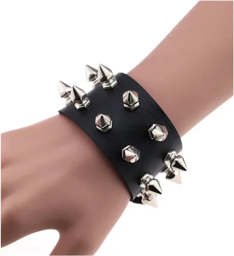 Vista 2 de Tanyoyo Pulsera unisex con tachuelas de rock punk, correa ancha, de cuero, con remache gótico, hebilla