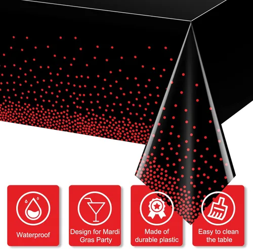Vista 3 de Paquete de 1 mantel de plástico con puntos rojos y negros, mantel desechable de plástico rectangular de plástico con estampado de puntos rojos