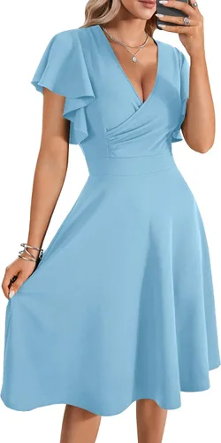 Vista 7 de LYANER Vestido de cóctel de manga corta con volantes y cuello en V, de línea A, con vuelo y estilo midi para mujer Negro puro