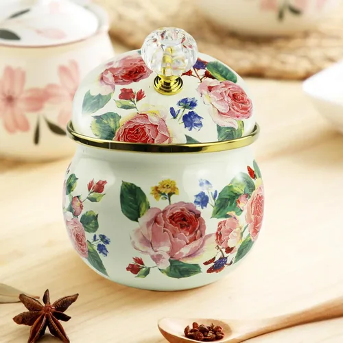 Vista 2 de Azucarero esmaltado floral dorado étnico tarro de condimento vintage para té, caja de especias, caja de almacenamiento retro para café, caramelo
