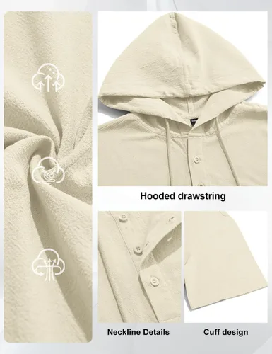 Vista 6 de Sudaderas con capucha de algodón y lino para hombre, camisa de manga corta con botones, camisa de verano hawaiana con cordón