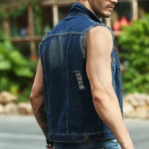 Vista 3 de Chaleco de mezclilla sin mangas para hombre, casual, ajustado, rasgado, clásico, con botones