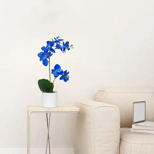 Vista 6 de Flores artificiales de orquídea azul en maceta, flores falsas de orquídea en maceta, decoración para el hogar, oficina, boda