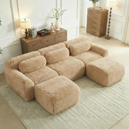 Vista 9 de Sofás de nube sin hueso de 80.4 pulgadas, tela de felpa suave y esponjosa, sofá cama modular con 2 otomanas, sofás de dos plazas de chocolate,