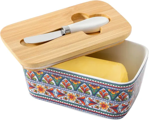 Vista 13 de Hasense Mantequillera de porcelana con tapa de bambú – Mantequera cubierta con cuchillo de mantequilla para encimera, recipiente hermético