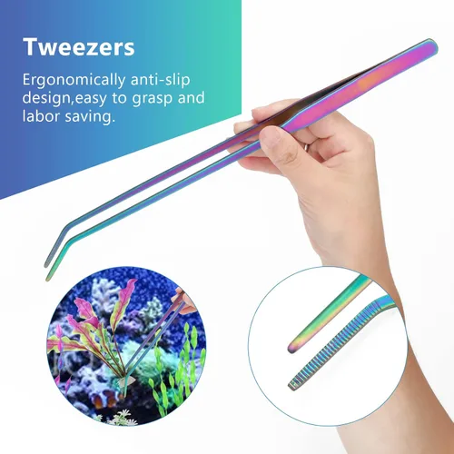 Vista 6 de Catcan Kit de herramientas de acuario 4 en 1, acero inoxidable antioxidante, pinzas para paisajismo acuático, tijeras, espátula para limpieza