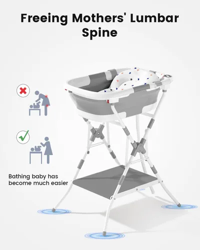 Vista 8 de Bañera para bebé con soporte, bañera plegable 2 en 1 para recién nacidos a niños pequeños, bañera infantil con soporte plegable, bañera portátil