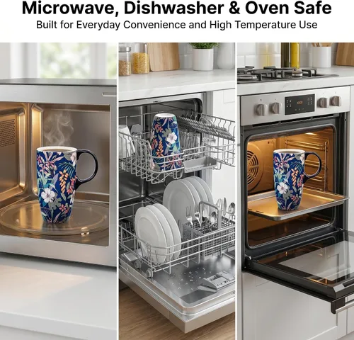 Vista 7 de DUSVALLY Juego de 2 tazas de viaje de cerámica con tapas, juego de tazas florales grandes de 17 onzas con asas, aptas para microondas