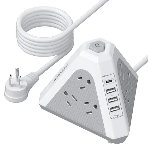 Vista 10 de NVEESHOX - Regleta de alimentación con protector de sobretensiones en torre, 9 salidas de CA con 4 puertos USB (1 USB C), enchufes triangulares de 3