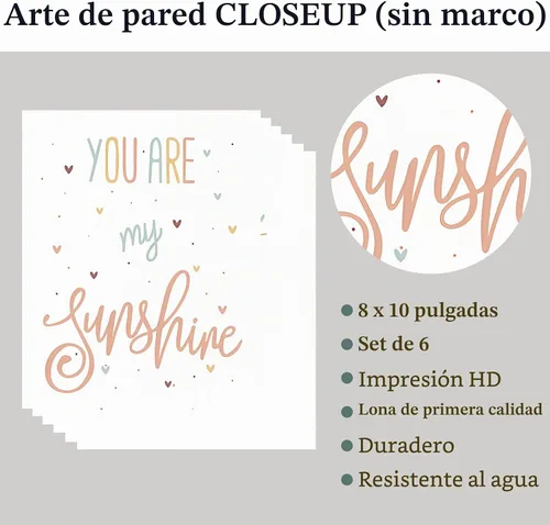 Vista 2 de LLOSEUP Juego de 6 impresiones artísticas de pared boho para cuarto de bebé, diseño de arco iris, corazón, lluvia, eres mi sol, inspirador