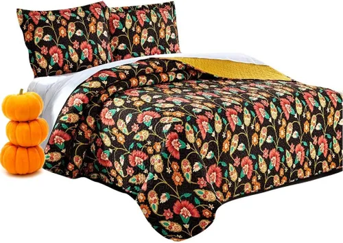 Vista 6 de DaDa Bedding Collection Marigold's Elegant Autumn Garden - Juego de colcha reversible acolchada – Brillante vibrante floral multicolor sólido