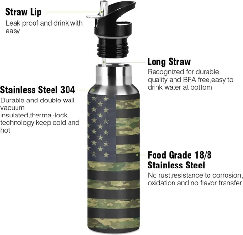 Vista 3 de ALAZA Botella de agua con diseño de bandera estadounidense con diseño de camuflaje grunge con tapa de pajilla, botella térmica de acero inoxidable