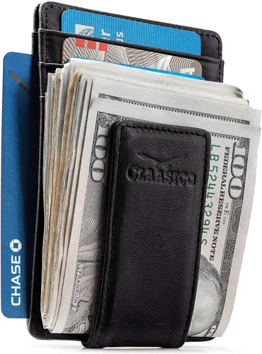 Vista 19 de Billetera de cuero con clip para dinero, bolsillo frontal delgado, bloqueo RFID con imán súper fuerte