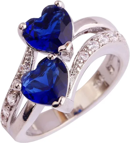 Vista 16 de Anillo de promesa de boda con topacio azul y blanco, chapado en plata de ley 925, con doble corazón