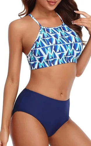Vista 2 de CharmLeaks Conjuntos de bikini para mujer, trajes de baño deportivos de dos piezas con cuello alto