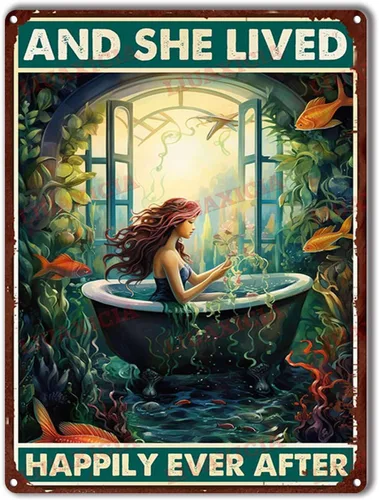 Vista 8 de LIUAXICIA Letrero de lata retro con diseño de sirena y ella vivió feliz para siempre, para decoración del hogar, 8 x 12 pulgadas, pintura de lata