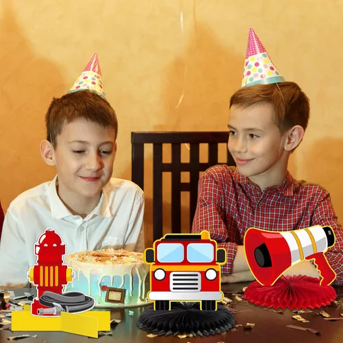 Vista 7 de Epakh 10 piezas de decoración de fiesta de cumpleaños con tema de camión de bomberos, suministros de mesa con tema de camión de bomberos, centros