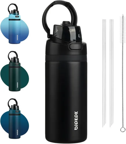 Vista 9 de BJPKPK Botella de agua aislada de 17 onzas con tapa de popote y asa, acero Verde militar
