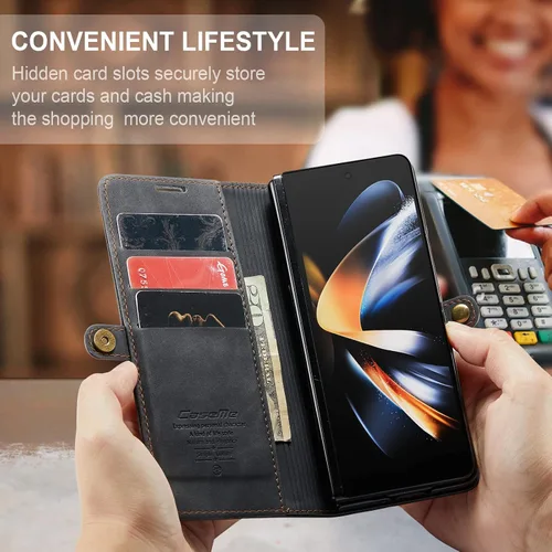 Vista 4 de Funda de cuero tipo cartera con tapa para Samsung Galaxy Z Fold4, con tarjetero y cierre magnético, a prueba de golpes, con soporte plegable, funda