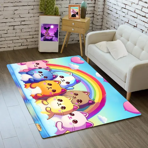Vista 14 de Alfombra de gato para habitación de niñas, diseño de dibujos animados, decoración para dormitorio, bonita alfombra de área de gatos, alfombras