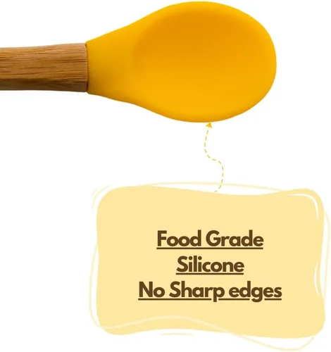 Vista 8 de Cucharas de bambú para bebé, paquete de 4 cucharas de destete para niños pequeños, cuchara de silicona con punta suave de mango de bambú, utensilio