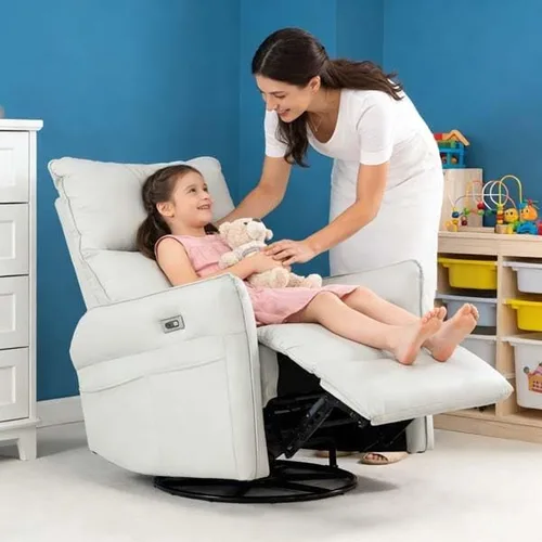 Vista 3 de Mecedora reclinable eléctrica giratoria de 270° con puertos USB, piel sintética para sala de estar y guardería (gris claro)