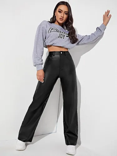 Vista 5 de MakeMeChic Pantalones de mezclilla de piel con bolsillos de cintura alta para mujer
