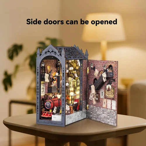 Vista 6 de suruim DIY Book Nook Kit Bookend Puzzle Miniature Nook Library Bookshelf Insert Bookends Decoration Books Ornaments Gifts for Adults (Train Station)