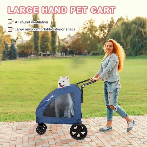 Vista 7 de Cochecito de viaje grande para perros con 4 ruedas resistentes, con mango ajustable, doble capacidad para perros con puerta delantera trasera