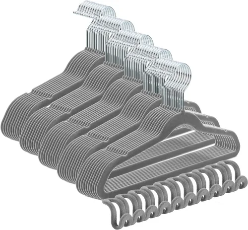 Vista 8 de Paquete de 50+10 perchas de terciopelo antideslizantes para ropa para trajes, perchas para ahorrar espacio, 15 ~ 20 libras, resistentes de 17.5 Negro