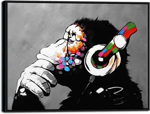 Vista 8 de Wieco Art Marco Negro Mono con Auriculares Banksy Arte de Graffiti Abstracto Pinturas en Lienzo Impresiones Arte de Pared en Lienzo de Animales