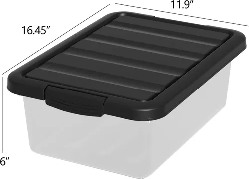 Vista 3 de Cubo de almacenamiento apilable de plástico de 14 cuartos de galón, caja de almacenamiento básica transparente con tapa negra (paquete de 2)