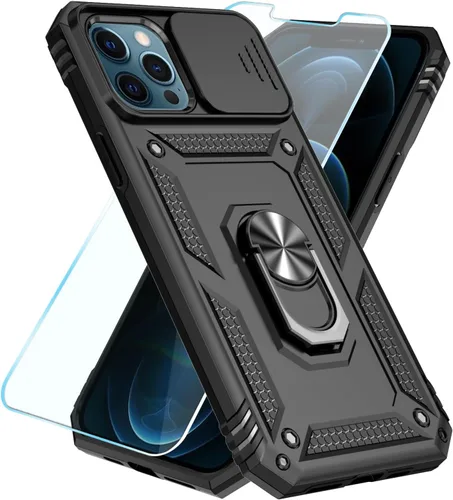 Vista 2 de SunStory Funda compatible con iPhone 12 Pro Max con protector de pantalla HD, cubierta de cámara deslizante y soporte de anillo giratorio