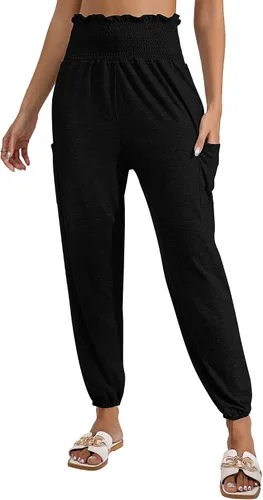 Vista 2 de Locoowai 2 piezas de pantalones de harén para mujer, pantalones de yoga con cintura fruncida, pantalones hippie, ropa bohemia con bolsillos