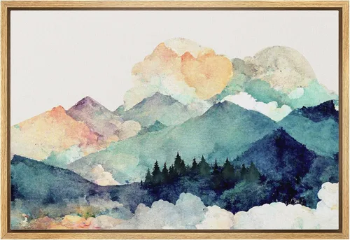 Vista 44 de wall26 Lienzo enmarcado de arte de pared, acuarela en tonos pastel, pino, árbol, bosque, lago, naturaleza, ilustraciones de área silvestre, arte
