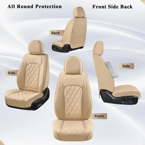Vista 7 de Coverado Fundas de Asientos Delanteros, Funda de Asiento de Cuero Sintético de Lujo Impermeable, Protector de Asiento de Coche Beige, Funda
