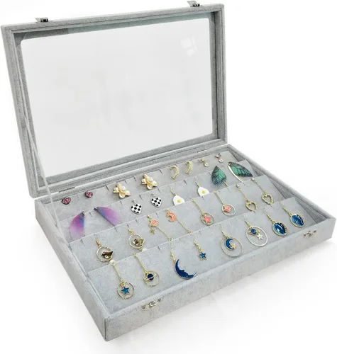 Vista 5 de Organizador de almacenamiento de pendientes de terciopelo de hielo con tapa transparente grande, caja de joyería, soporte para aretes, vitrina gris