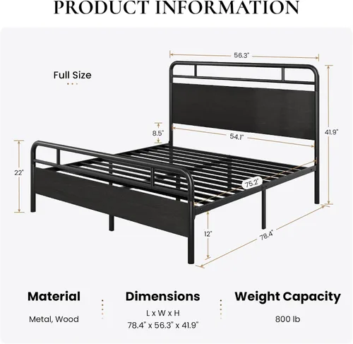 Vista 2 de SHA CERLIN Base de cama tamaño completo con cabecera de madera industrial vintage, plataforma de metal resistente con almacenamiento debajo
